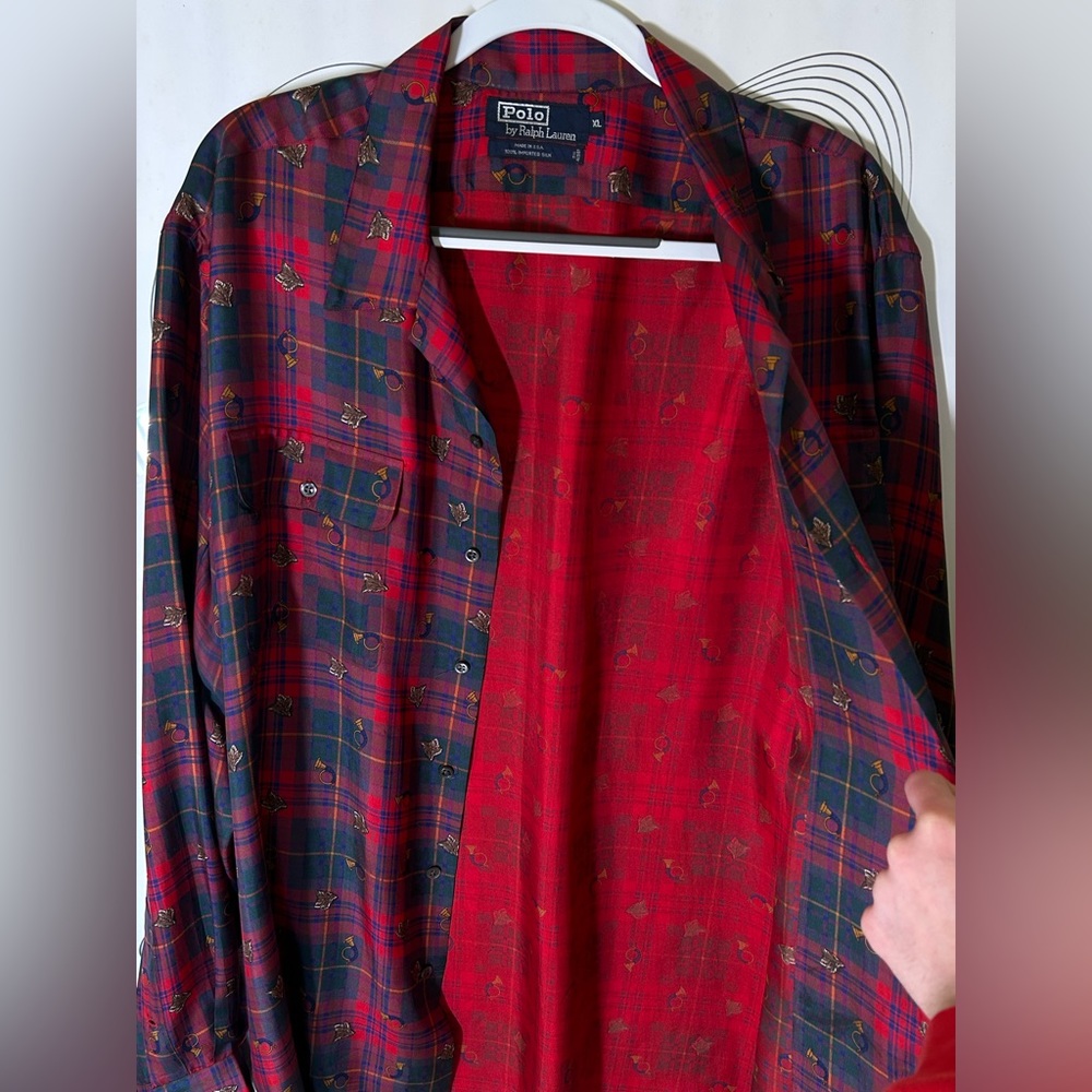 RARE Polo Ralph Lauren Fox and French Horn Tartan Patterned Silk Button Down - Picture 2 of 4